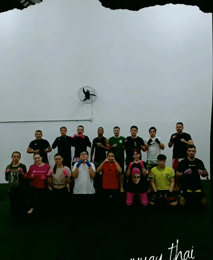 Turma completa da Lion's Force reunida no tatame, 19 alunos e professores